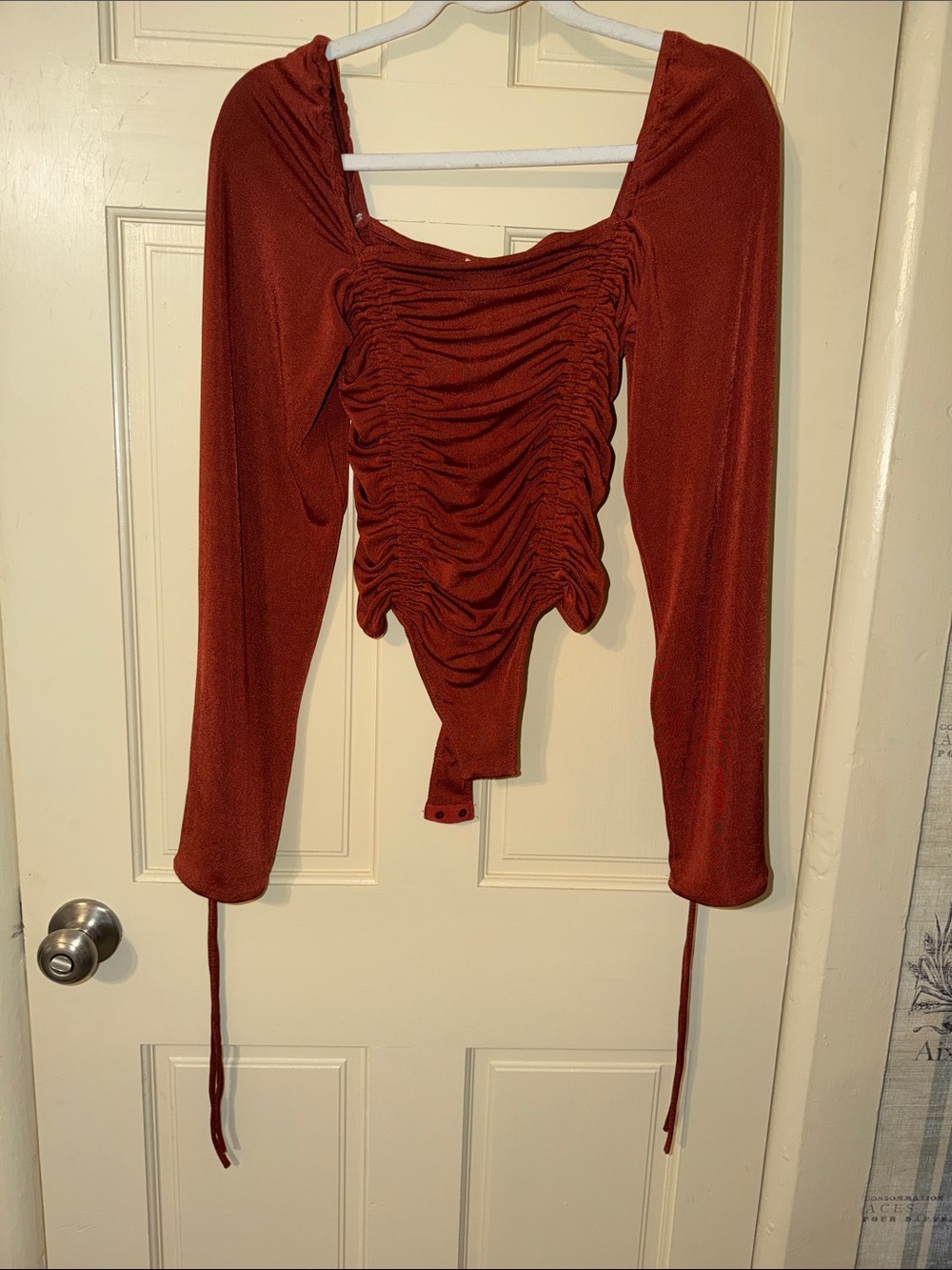 Free People Ruched Long-Sleeve Bodysuit in Rust Red